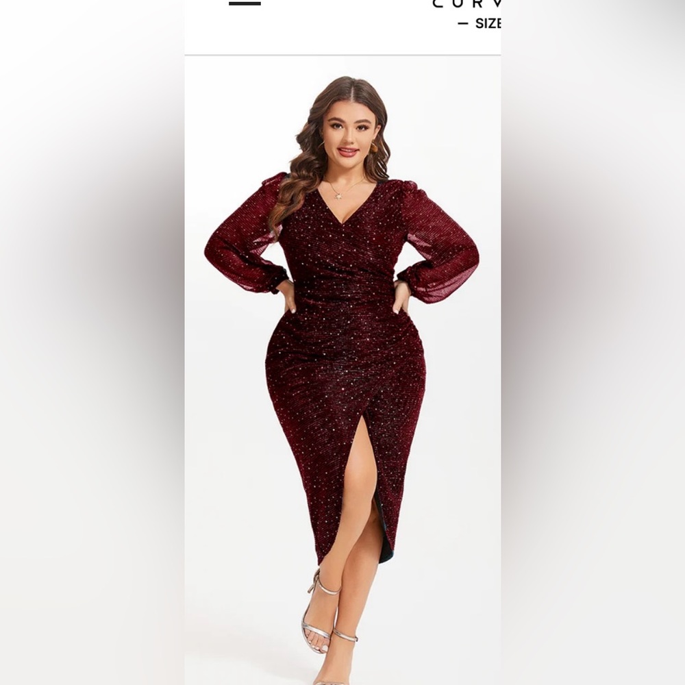Curvesoul Mesh Lantern Sleeve Wrap Midi Dress